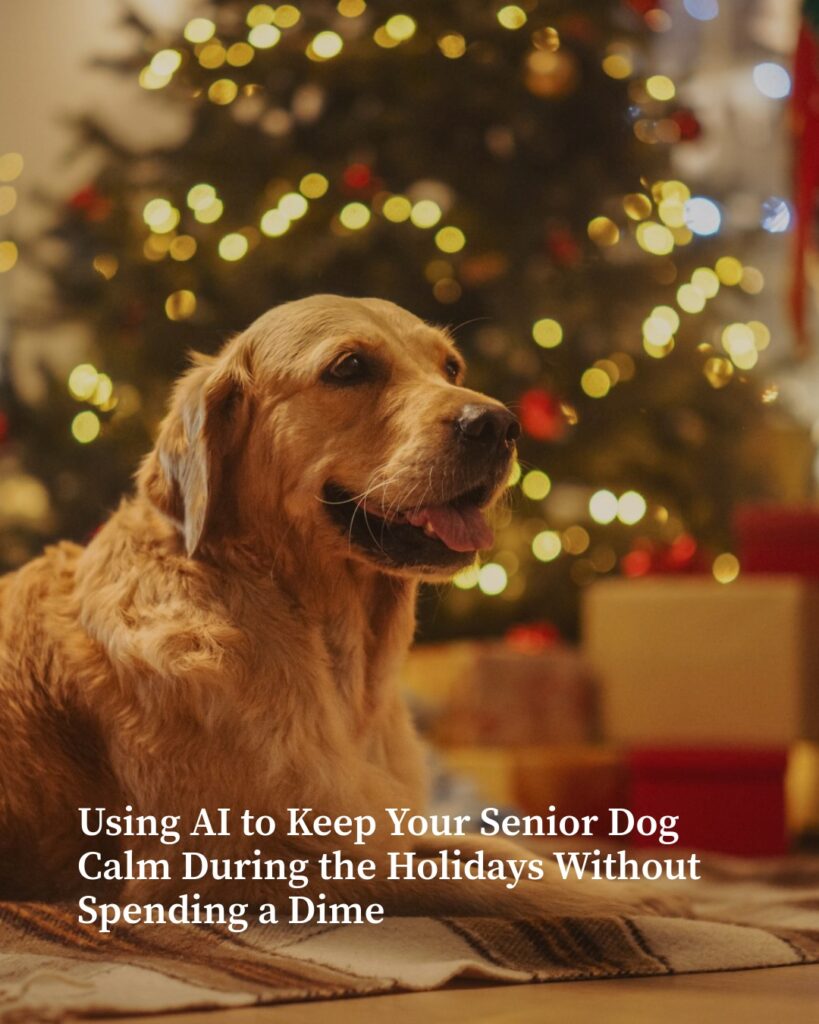 senior dog lying beside a decorated christmas tree